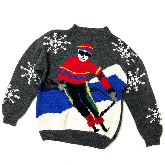 Men’s 90's Graphic Ski / Skier Wool Sweater - Sz L - Picture 1 of 7